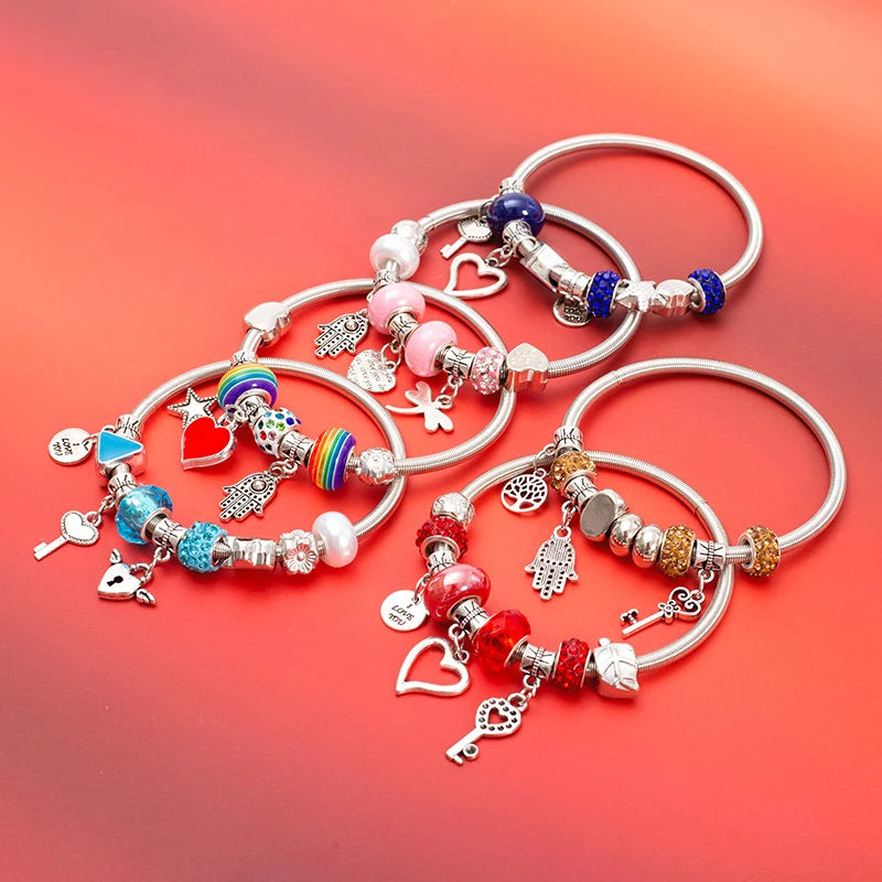 Fashion Simple Pandora Glazed Gem Beads Key Lock Love Hanging Bracelet Light Luxury Vintage Bangle For Women Jewelry Gift