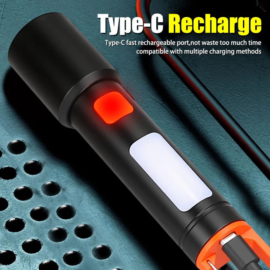 Hemasa LED COB Super Bright Flashlight USB Rechargeable Torch 1-3 Optional Light Sources Outdoor Waterproof Emergency Light with Hook