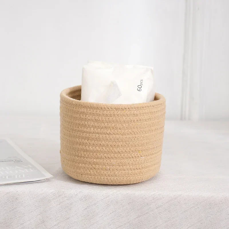 Handmade Woven Cotton Rope Woven Storage Box Basket Desktop Organizer Sundries Toys Comestics Keys Snacks  Sundries Organizer
