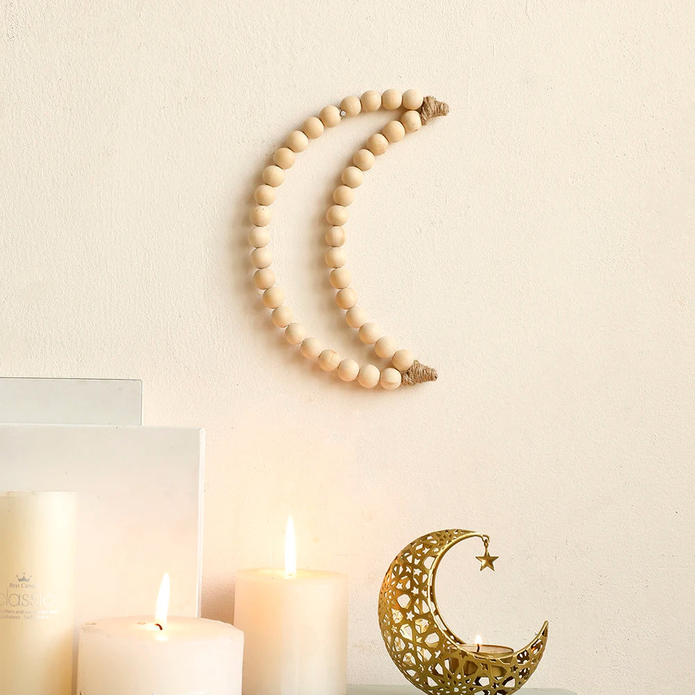 Moon Wall Hanging Decor Decorative Wood Moon Bead Garland Home Decor Wooden Moon Wall Art  Decorative Beads Boho Home Decoration