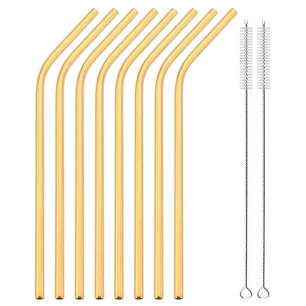 Hemasa 8pcs Stainless Steel Bent Straws Set Reusable Straws for Drinking Fruit Juice Milk Tea Coffee Colorful Straw with Cleaning Brush