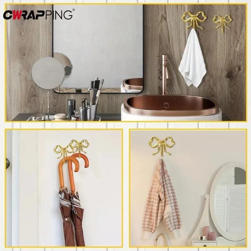 Wall Hook Rack Solid Towel Holder Gold Bow-Shape Decorative Hook Bathroom Bedroom Living Kitchen Elegant Home Decor Accessory