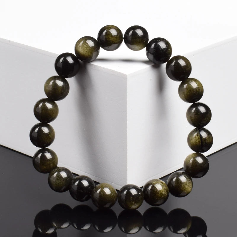 Tejesa Natural Golden Obsidian Stone Beads Bracelet Men Women/ Golden Light Rainbow Obsidian Raw Stone Round Bead Natural Energy Jewelry
