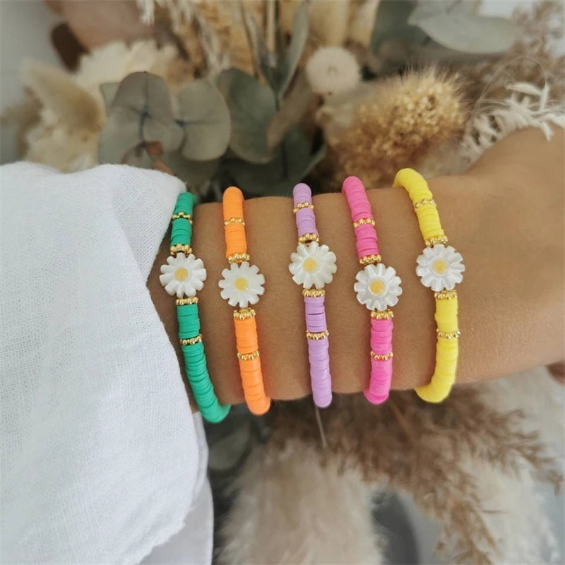 Hemasa Set of 5  Flower Daisy Bracelets Multicolor Heishi Bracelet for Women Boho Summer Jewelry Stack Polymer Clay Beads Elastic Pulseras