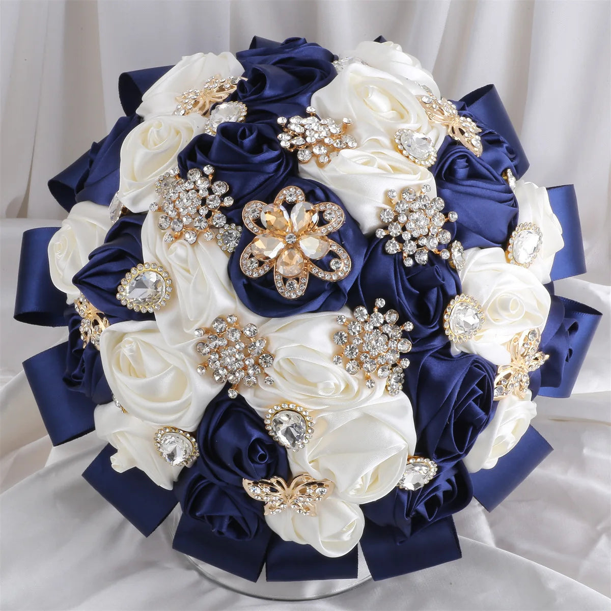 Tejesa Ivory Champagne Bridal Wedding Bouquet with Crystal Artificial Silk Rose Flower Bouquet for Quinceanera Bride Wedding