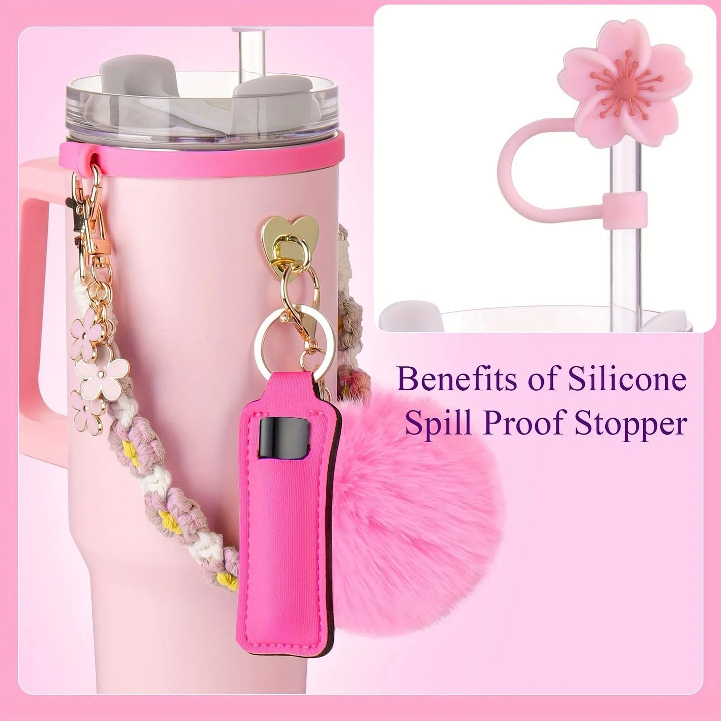 Hemasa 8PCS Cup Accessories, Set includes Water Bottle Handle Strap, Siliocne Boots, Lipstick Sleeve Pouch Straw Cap Cover for Stanley