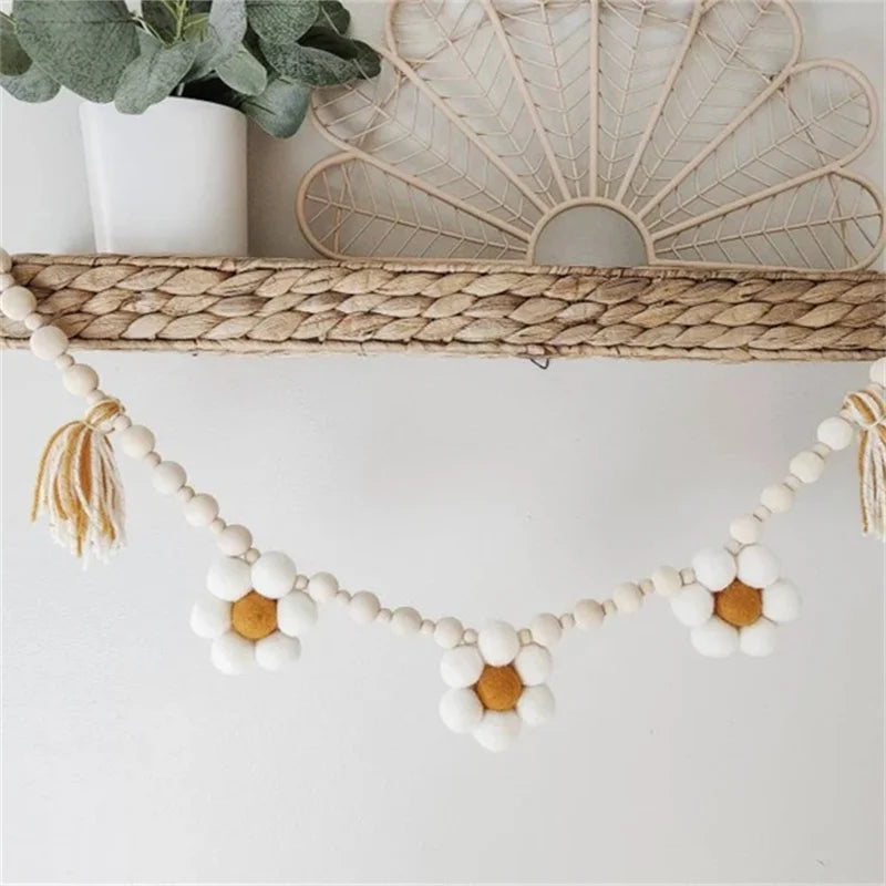 Bohemian Wool Felt Daisy Flower String Wooden Beads Garlands Baby Kids Room Wall Hanging Home Decor Nursery Decor Photo Props