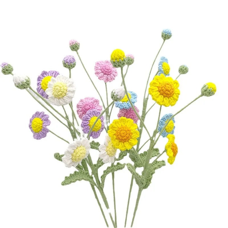 Hemasa 3Pcs Daisy Crochet Flowers Bouquet Cute Knitting Flowers Creative Artificial Flower Handwoven Plant Table Home Decor