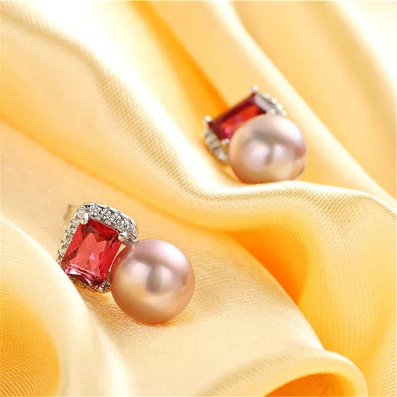 High Quality Red Zircon 925 Sterling Silver Earrings Jewelry 100% Genuine Natural Freshwater Pearl Stud Earrings for Women