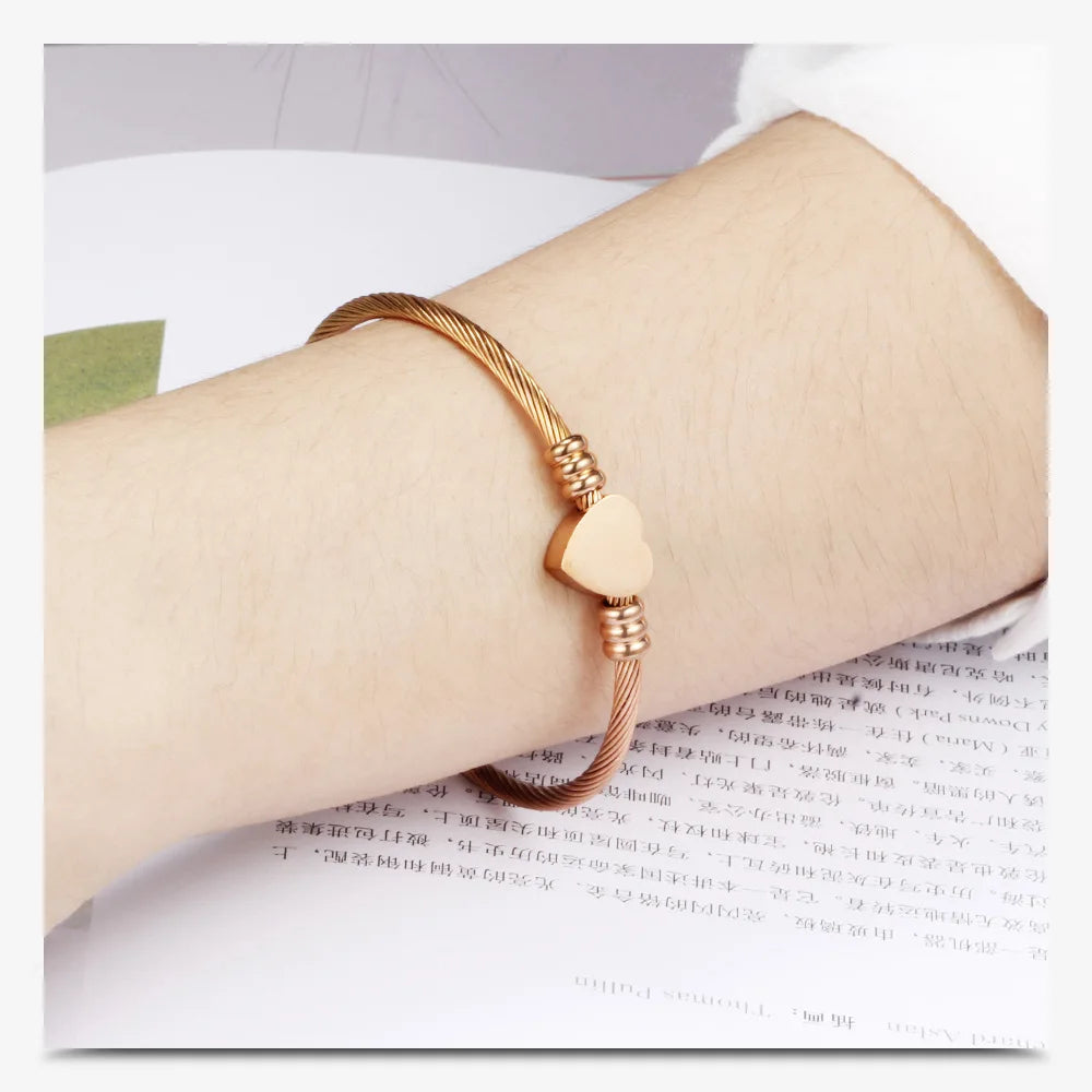 Hemasa  Stainless Steel Cable Heart Bracelet Bangle For Women