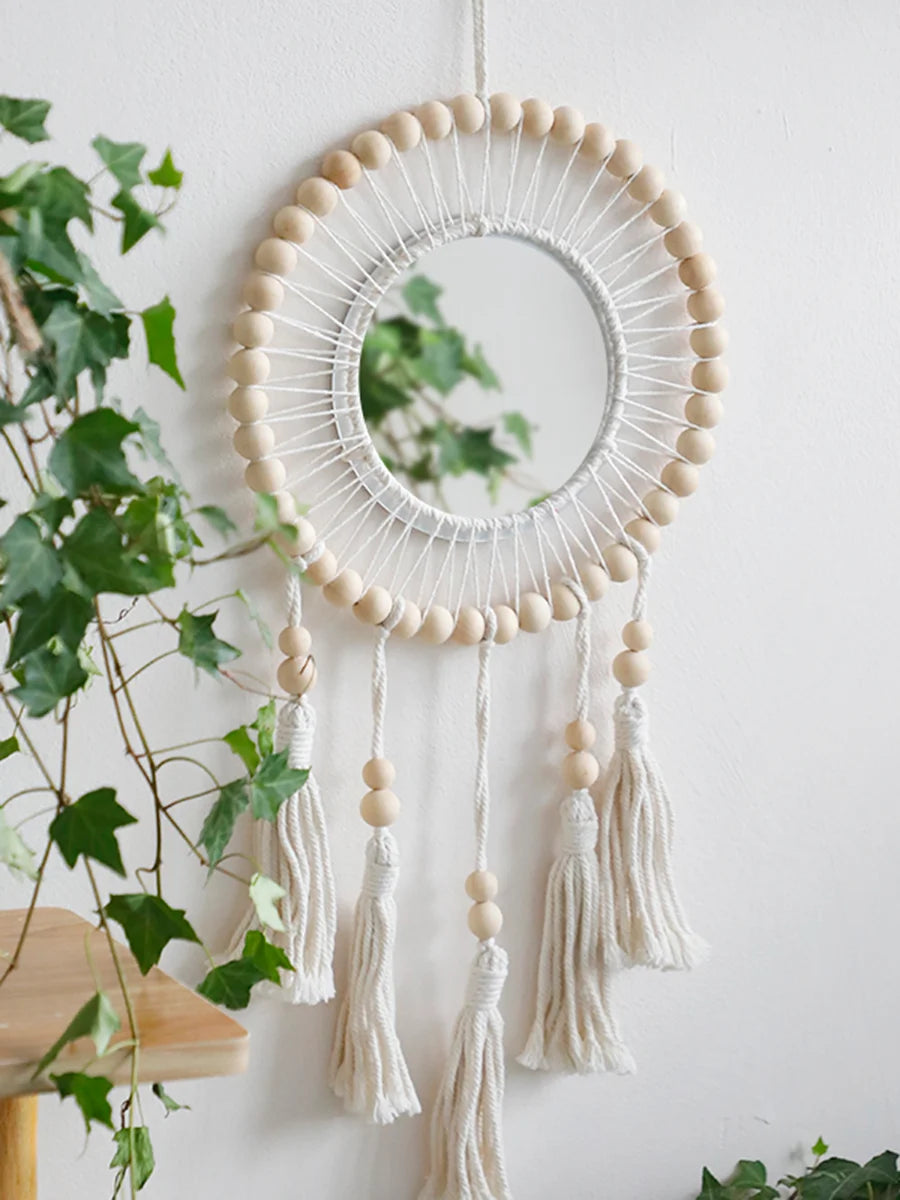 Hemasa Wall Mirror Macrame Wooden Beads Decorative Mirrors Boho Home Decoration Room Decors Aesthetic Wall Art For Living Room