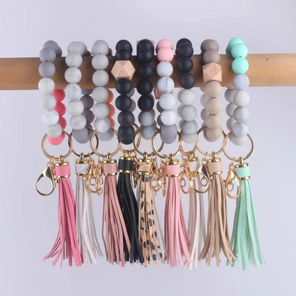 Creative Colorful Wood Silicone Beaded Keychain Lobster Buckle PU leather Tassel Keyring For Women Men Bracelet Keychain Jewelry