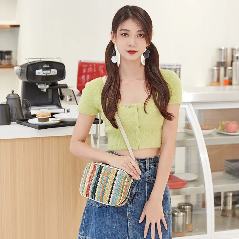 Trendy Ladies Straw Woven Bag Fashion Knitting Beach Bag Summer Travel Purse Handbag Ethnic Style Female Shoulder Crossbody Bags