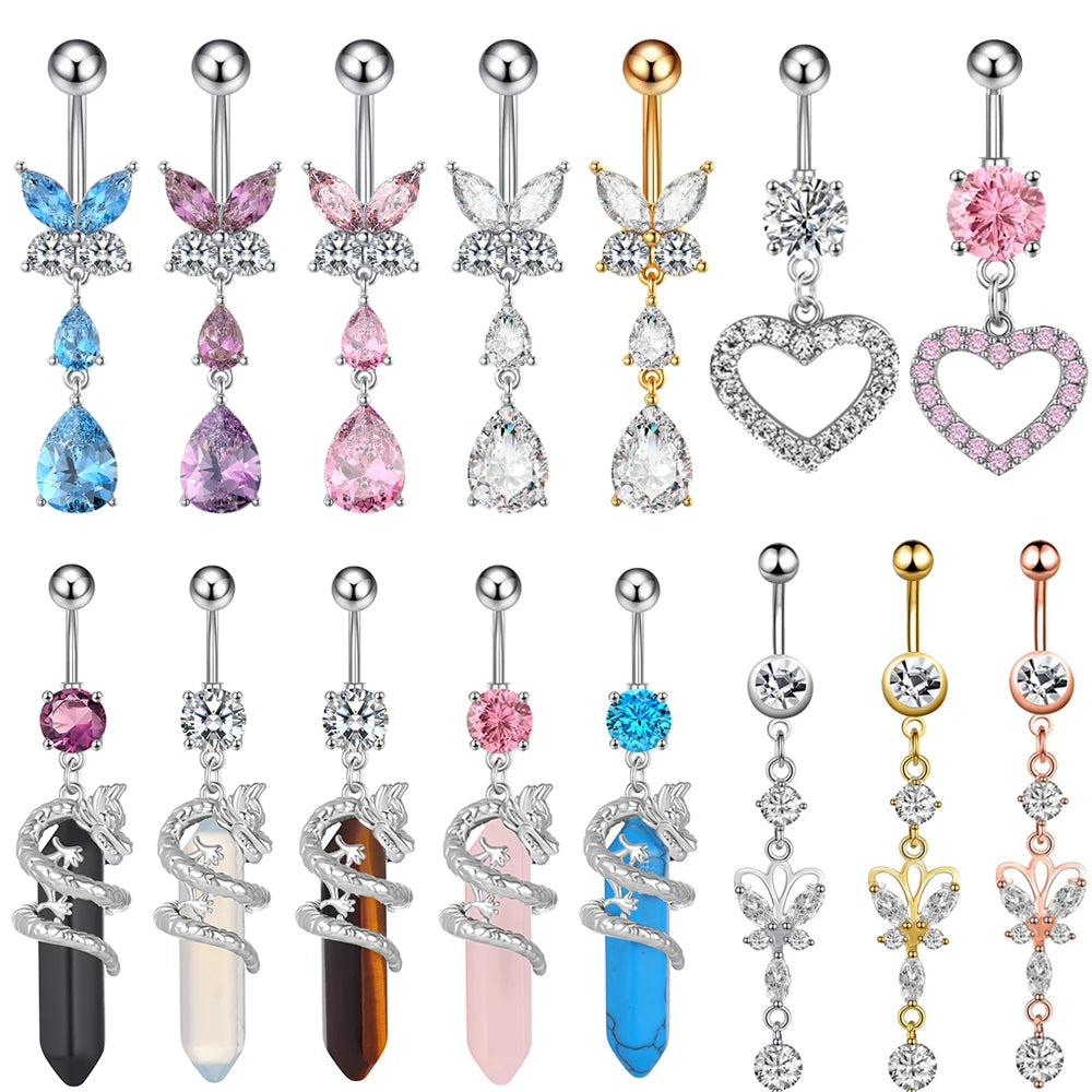 1pc Dragon Butterfly Flower Heart Belly Button Rings Blue Pink Crystals Zircon Dangled Navel Belly Piercing Nombril for Women