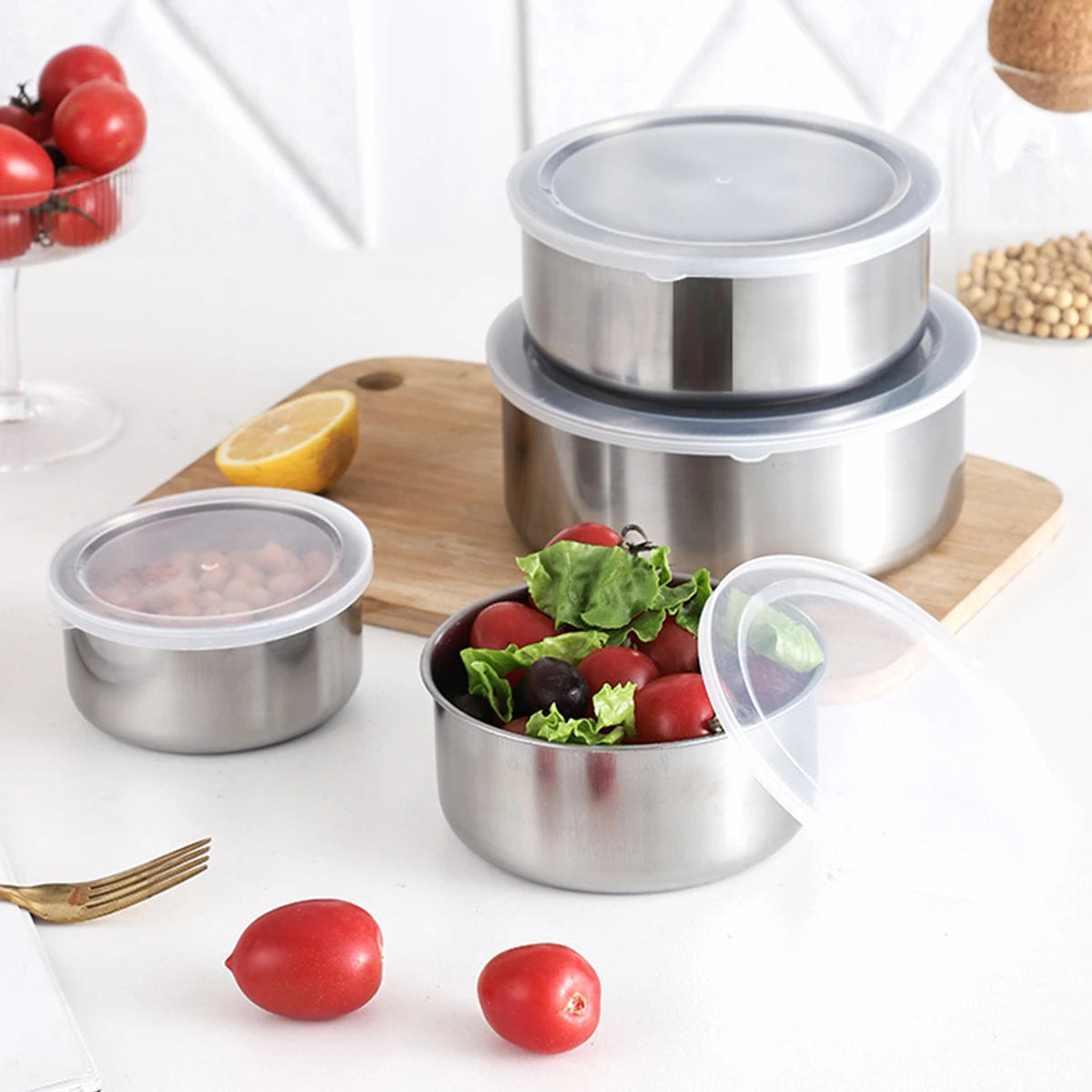 Tejesa 5pcs Fruit Salad Bowl Stainless Steel Ramen Bowl with Lid Mixing Bowls with Grater for Kitchen Outdoor BBQ Food Plate Fresh Bowl
