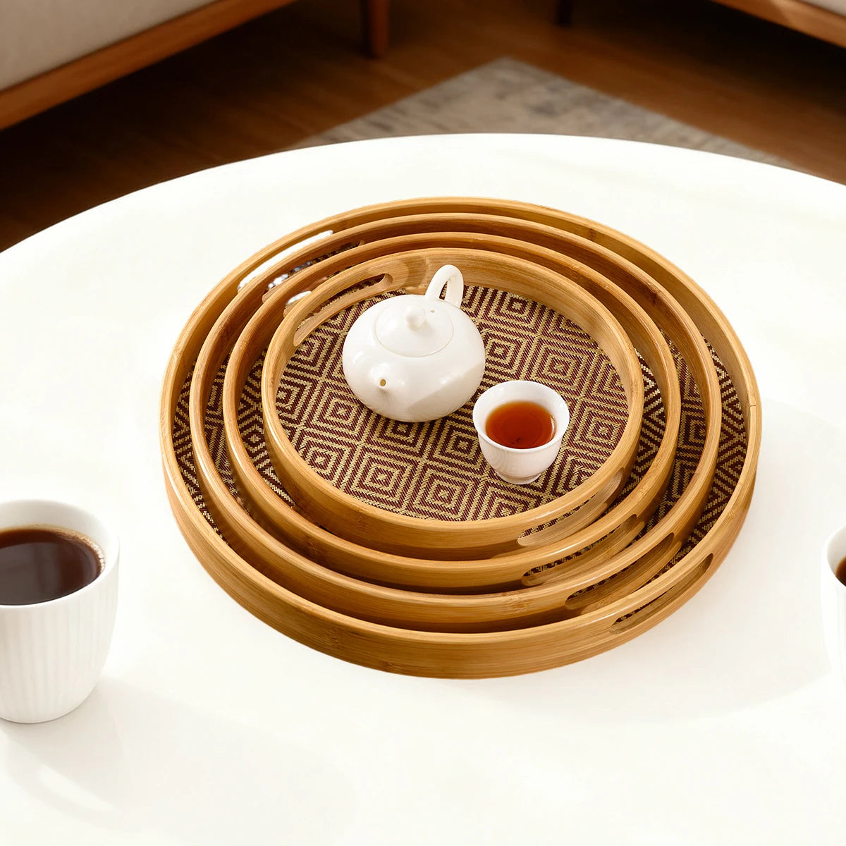 Tejesa Bamboo Round Tray 15.8" Handles / Multi-Purpose Home Kitchen Beverage Storage Restaurant Platter
