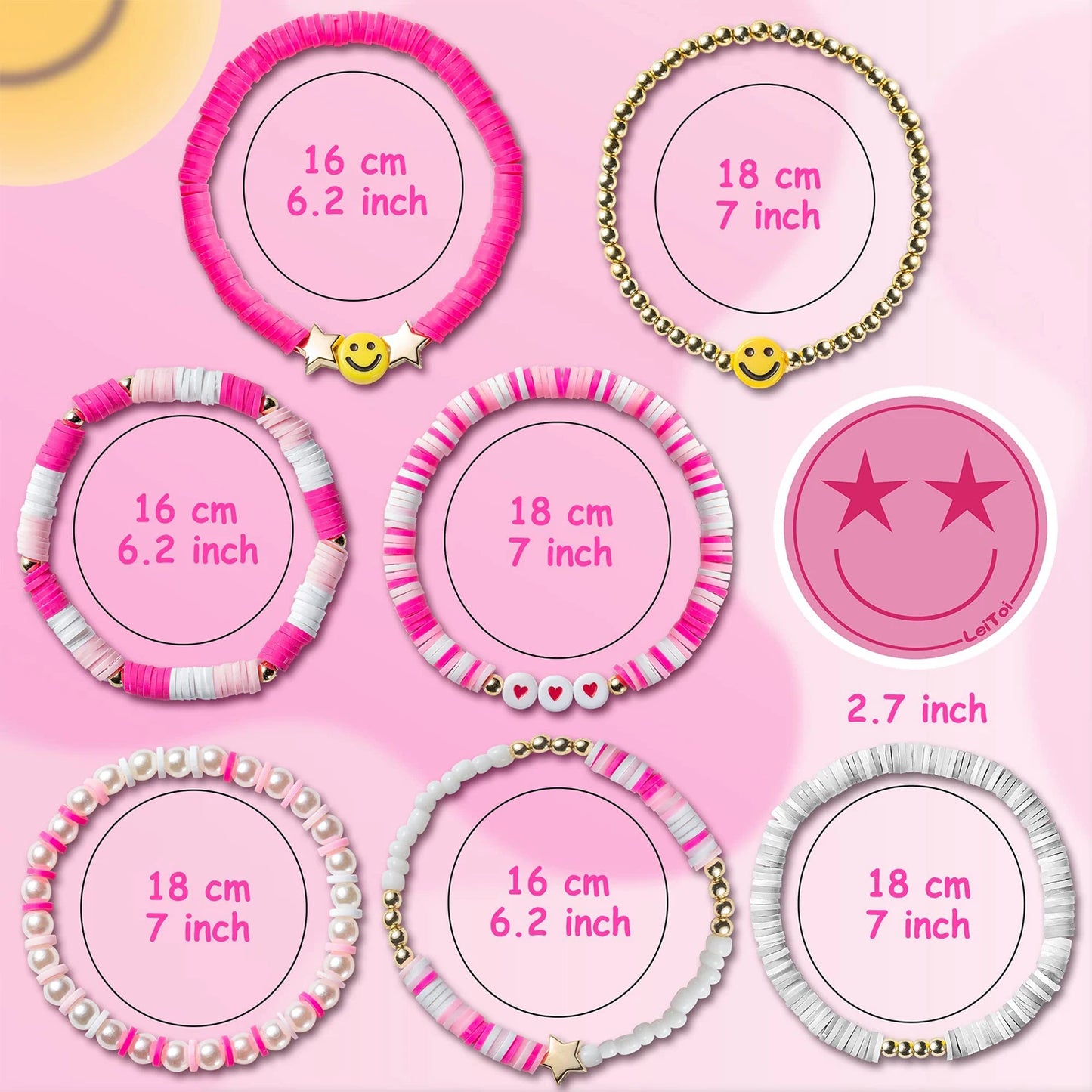 Hemasa 7Pcs/set Summer Style Pink Princess Soft Clay Bracelet Smile Heart-shaped Star Bead Elastic Bracelet