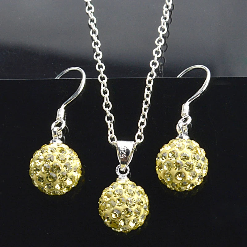Brand Female Jewelry Set Women's Fashion Ab White Crystal 10mm Ball Drop Earrings Necklace Pendant Set Silver Color Wholesale
