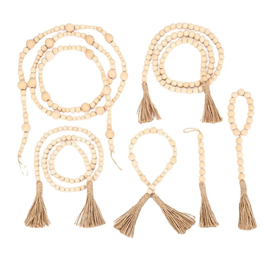 DIY Wooden Home Decoration Handmade Garland With Jute Rustic Tassel Wood Bead Garlands For Rattan Macrame Wall Hanging Boho Gift