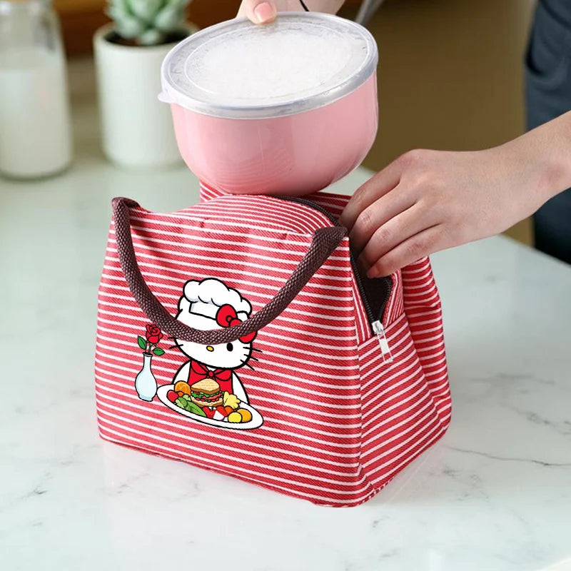 Hello Kitty Insulated Striped Lunch Bag Kuromi Portable Tote for Meals, Picnic Carrier, Suitable for School, Work, Beach Outings
