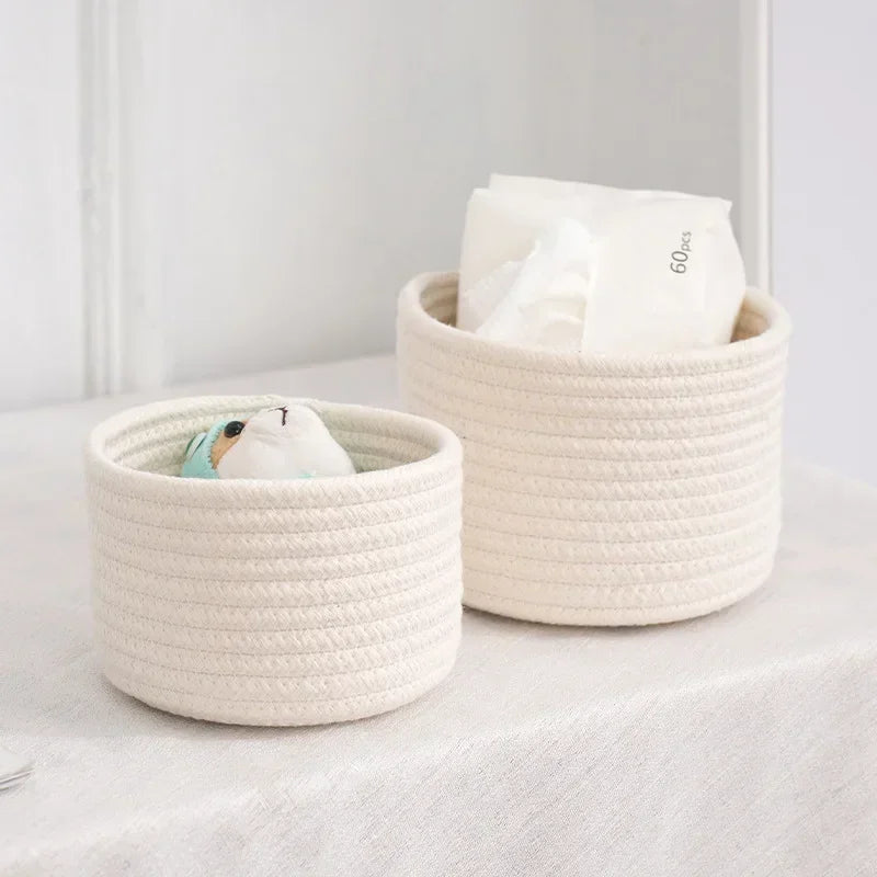 Handmade Woven Cotton Rope Woven Storage Box Basket Desktop Organizer Sundries Toys Comestics Keys Snacks  Sundries Organizer