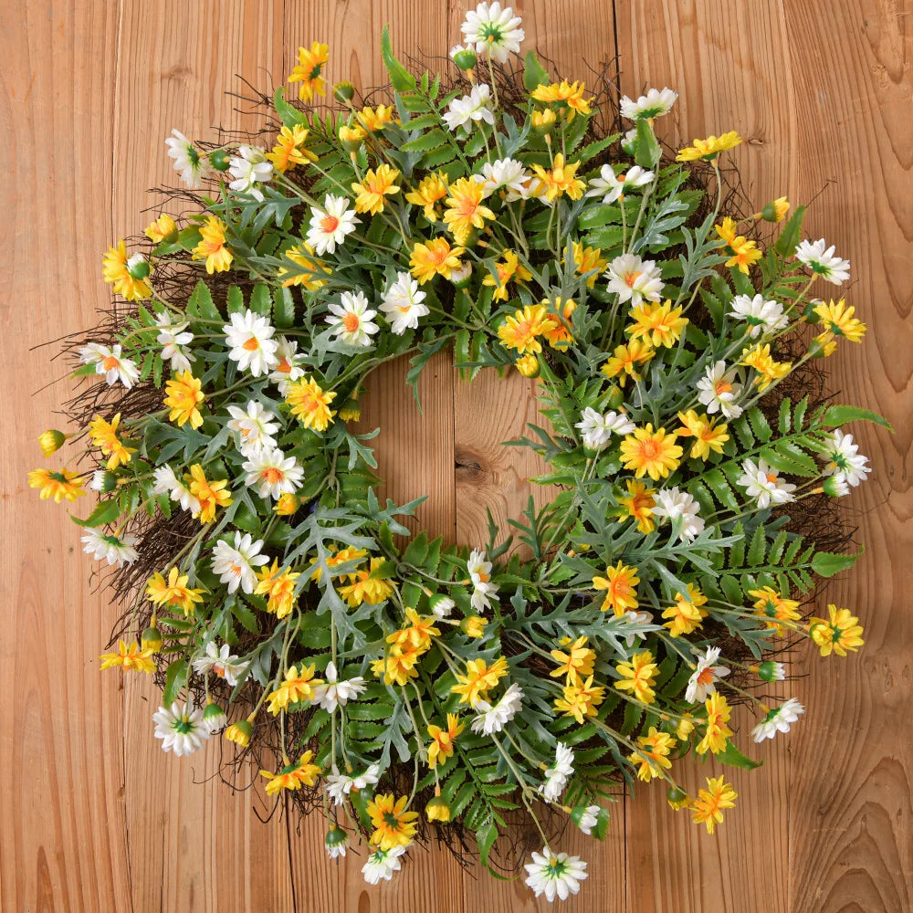 22'' Yellow Daisy Wreath Spring Summer Fake Silk Floral with Green Eucalyptus Leaves for Front Door Window Wall Farmhouse Decor
