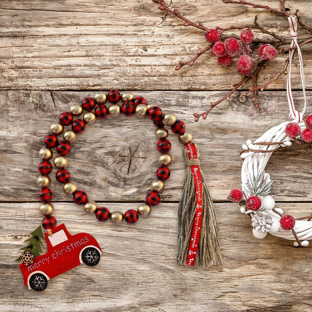 DIY Christmas Wooden Tassel Beads Garland With Wooden Snowflake Car Pendant Wall Hanging Ornaments Crafts Christmas Decoration