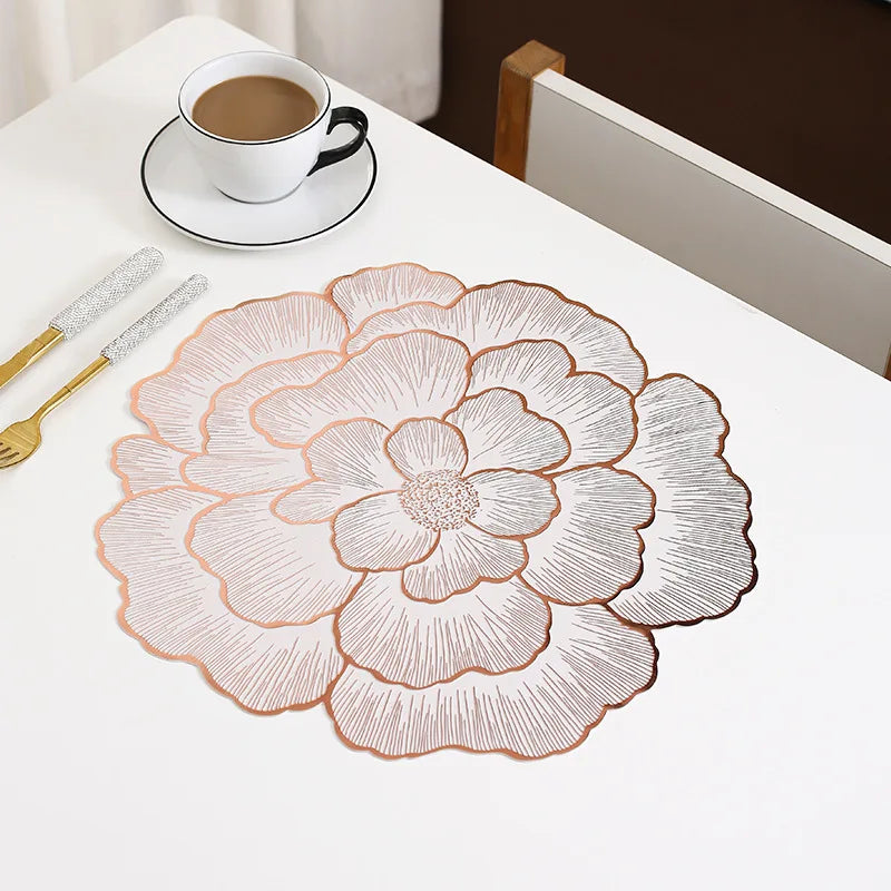 Hemasa Creative Peony Placemat Nordic Style Gold Plated Home Coasters PVC Dinning Table Decorative Mat Anti Slip Waterproof Meal Mat