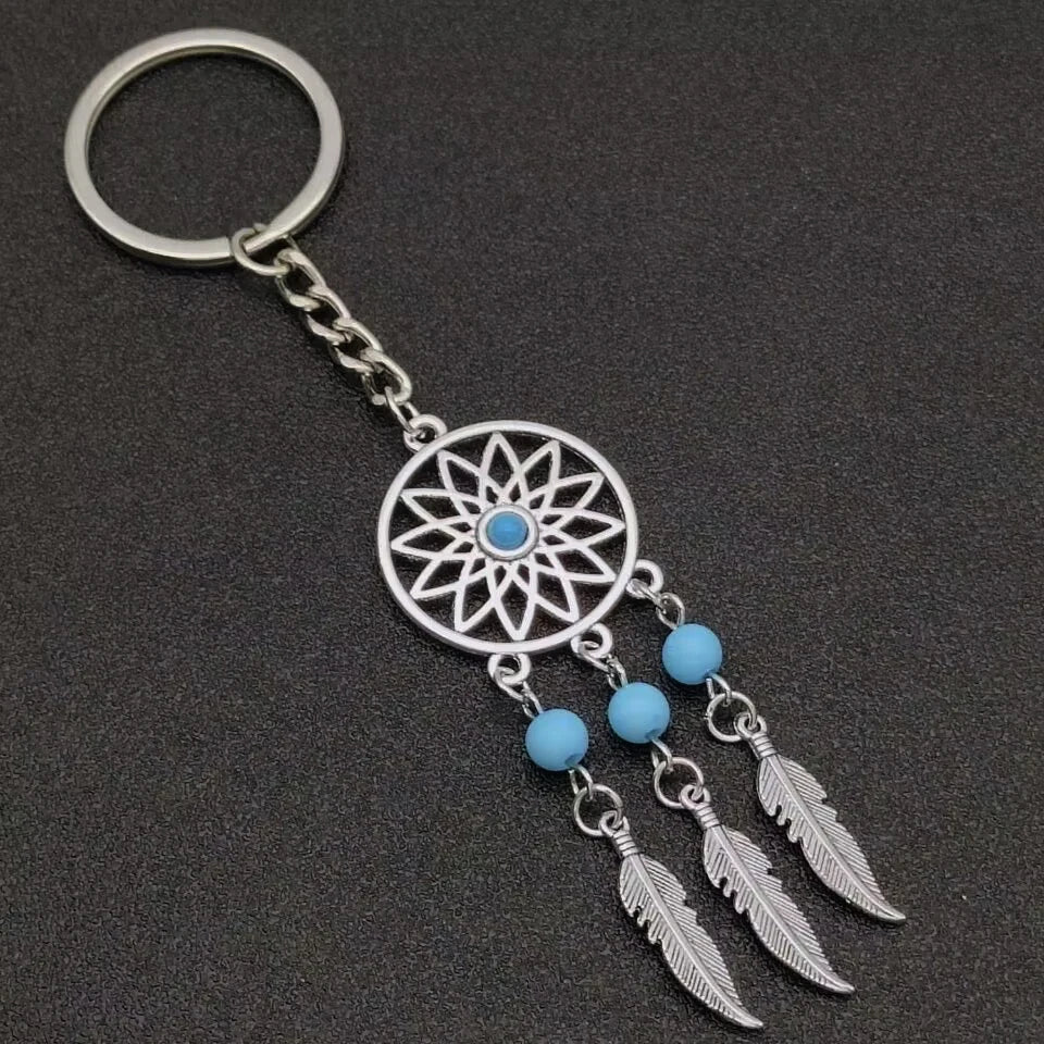 Dream Chaser Keychain Tassel Feather Pendant Keyring Beads Royal Blue Black Beads Charm Retro Car Key Chain Dream Chaser Gift
