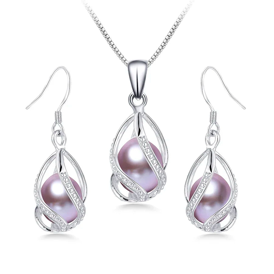 YWYC 8-9mm Natural Freshwater Pearl In Cage Pendant Necklace Drop Earrings & Pendant Jewelry Set for Women