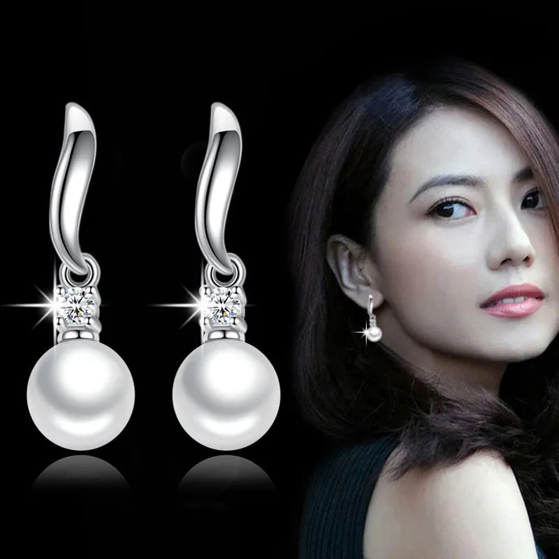 Solid 925 Sterling Silver Pearl Pendant Necklace Crystal Stud Earrings Jewelry Sets For Women New Trendy FQL23080