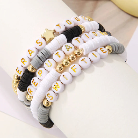Nich Design Simple Fashion Bohemian Polymer Clay Letter Adjustable Stretch Bracelet Sets for Women Jewelry Star Lover Bracelet