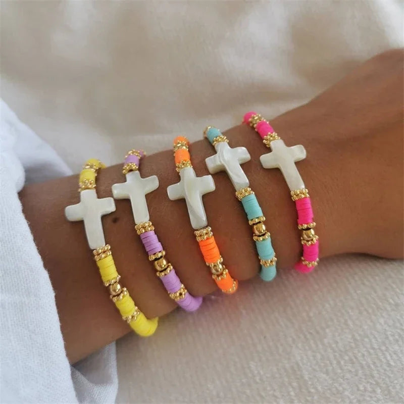 CCGOOD Natural Shell Cross Bracelets for Women Multi-color Heishi Bracelet Boho Christian Jewelry Clay Beads Elastic Pulseras