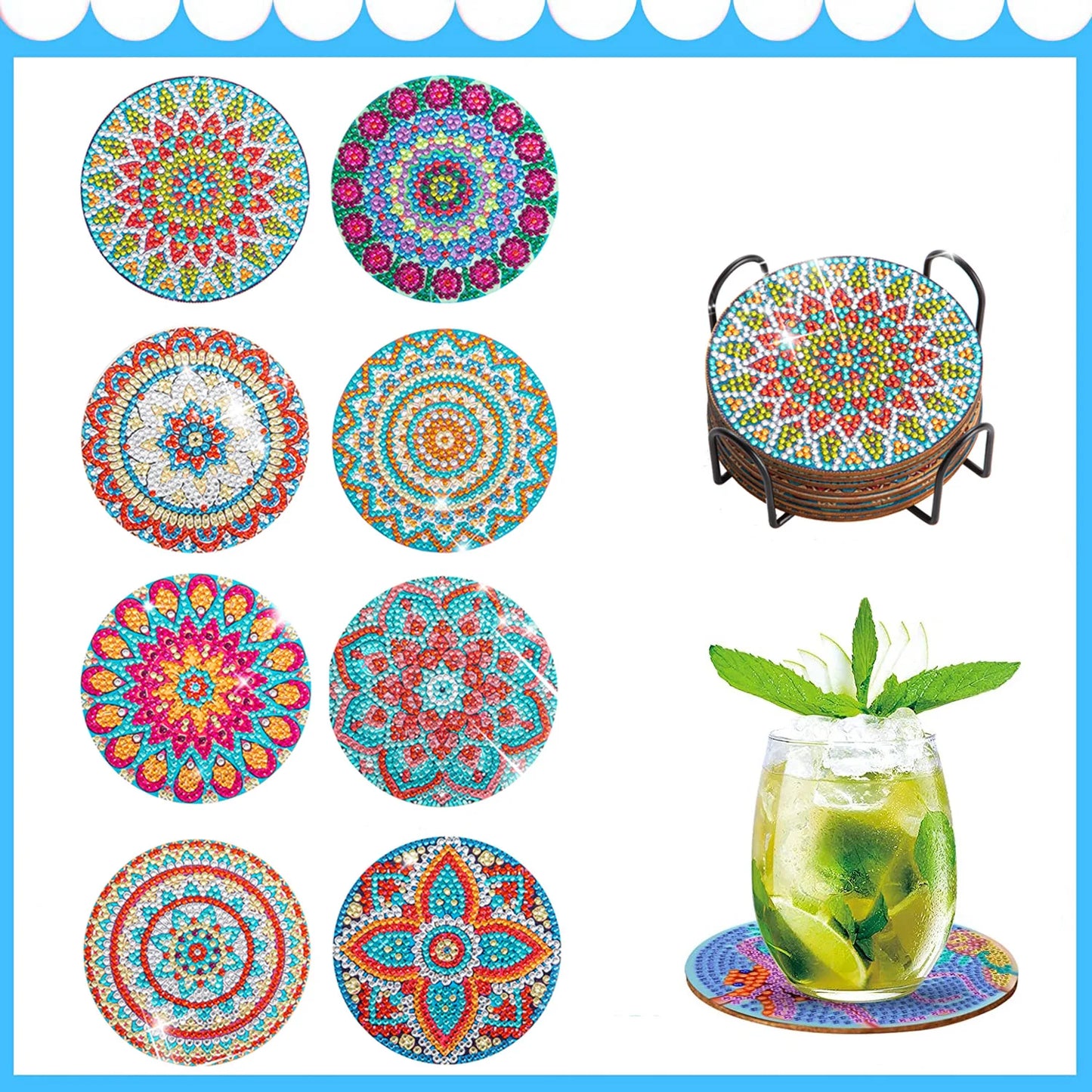 Hemasa 8pc/sets Mandala Diamond Painting Coasters  / Acrylic  Diamond Art Coasters