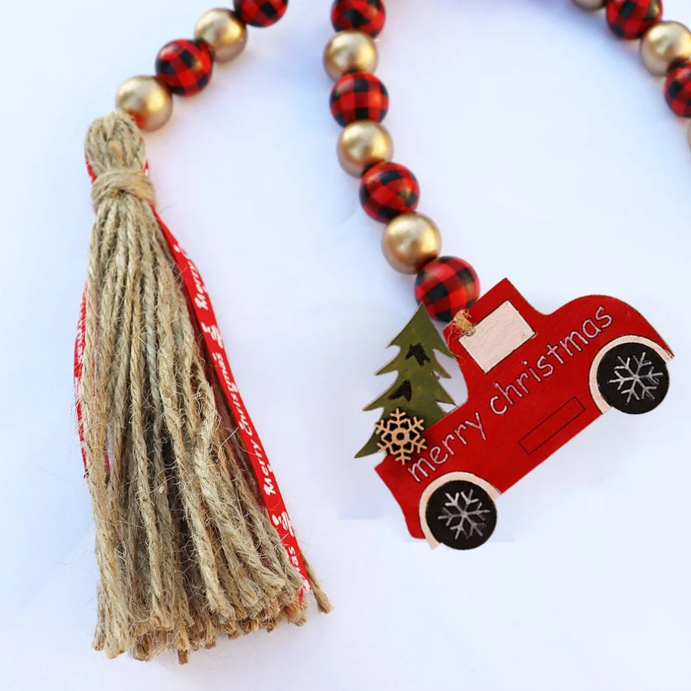 Christmas Wood Beads Garland With Wooden Snowflake Car Pendant Xmas Green Red Wood Bead Garland Tassel Rustic Farmhouse Decor