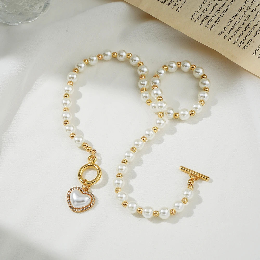 Hemasa Heart Pendant Round Pearl Golden Bead Chain Necklace for Women