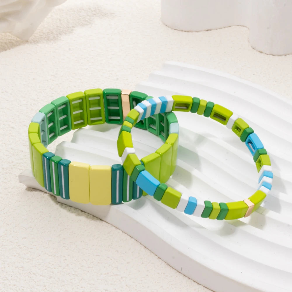 Tejesa Green Blue Color Enamel Boho Beaded Stretchable Bracelet for girls/women