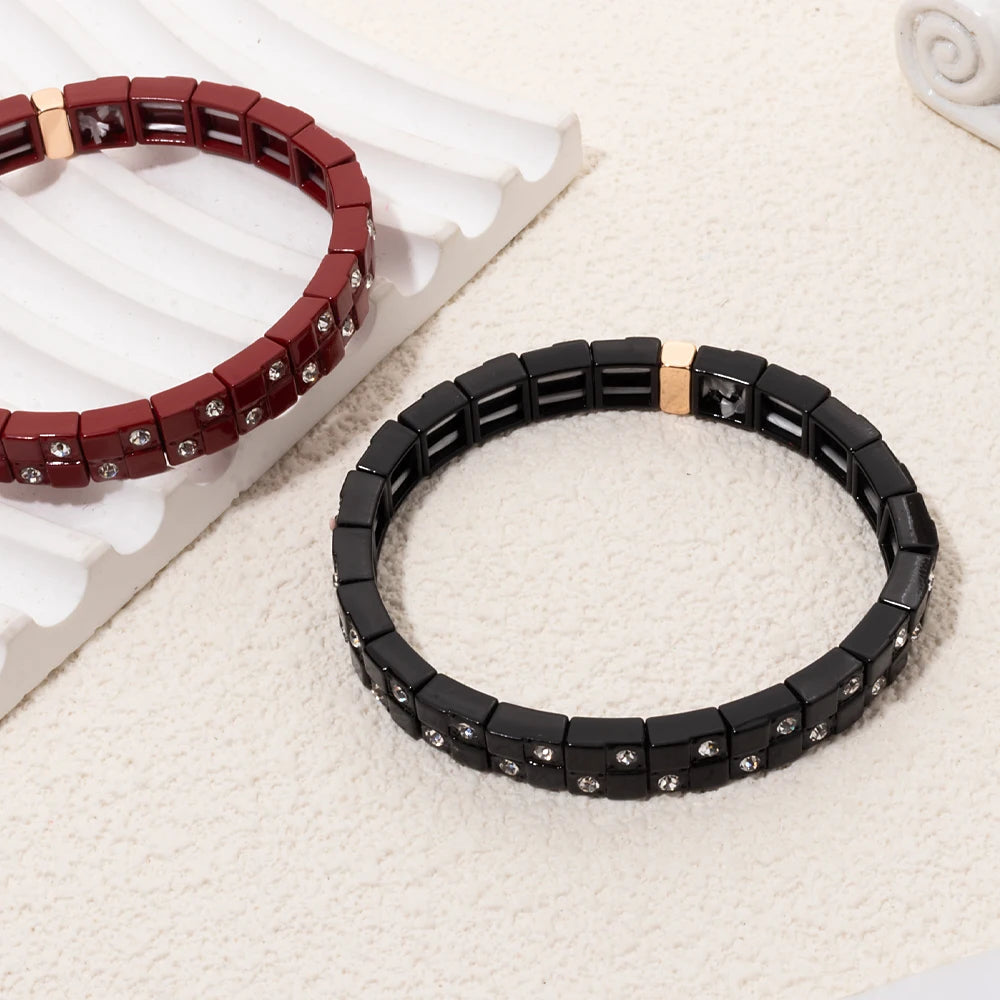 8x8mm Double Zirconia Charms Elastic Beaded Pure Color Bangle For Women
