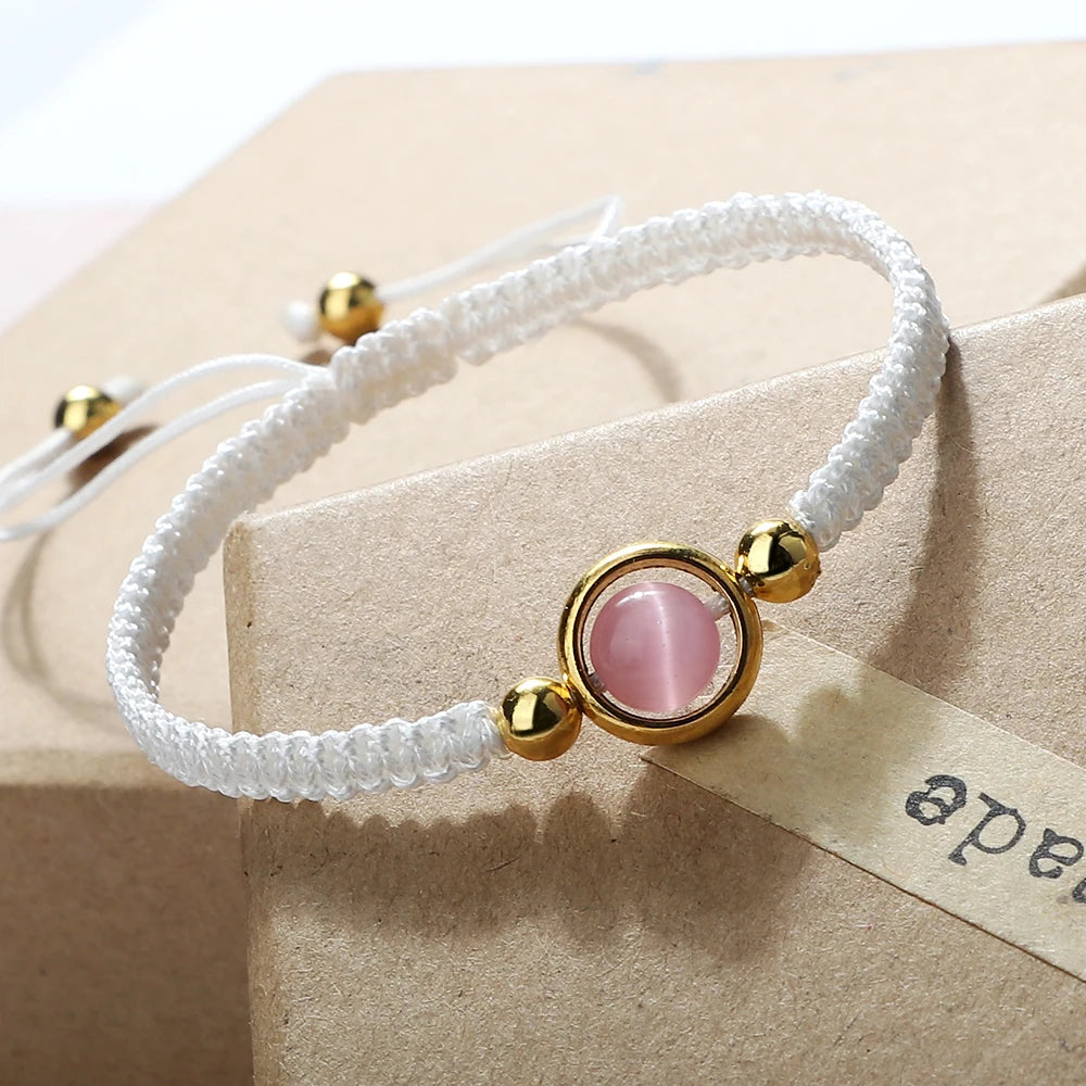 Pink Cat Eye Stone Beads Braided Bracelet For Women Red Thread String Bracelet Men Lucky Handmade Weave Rope Bangle Jewelry Gift