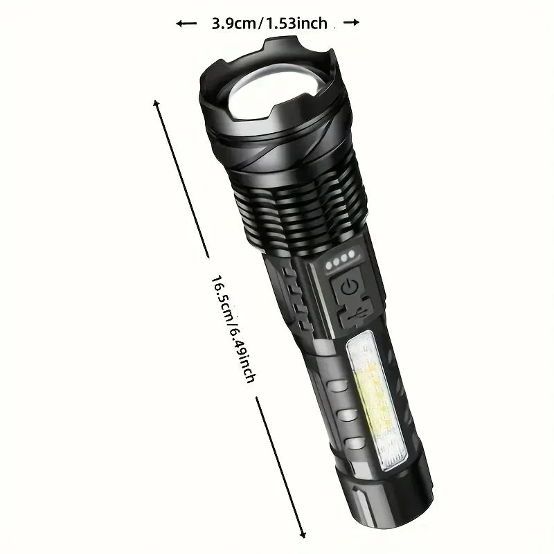 Super Bright LED COB Flashlight USB Rechargeable Torch with 7 Lighting Modes Telescopic Zoom Lantern for Outdoor Camping Hiking