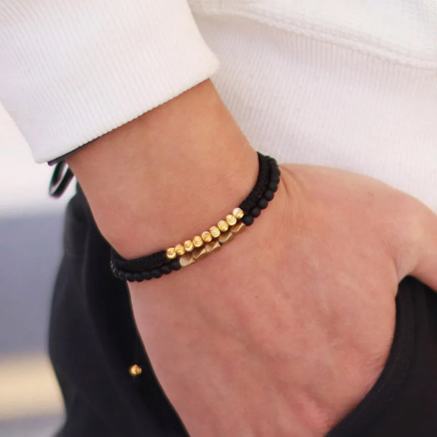 Fashion Men Bracelet Set Lucky Black Red String Braslet Handmade Irregular Gold Color Beads Charm Braclet Yoga Meditation Joias