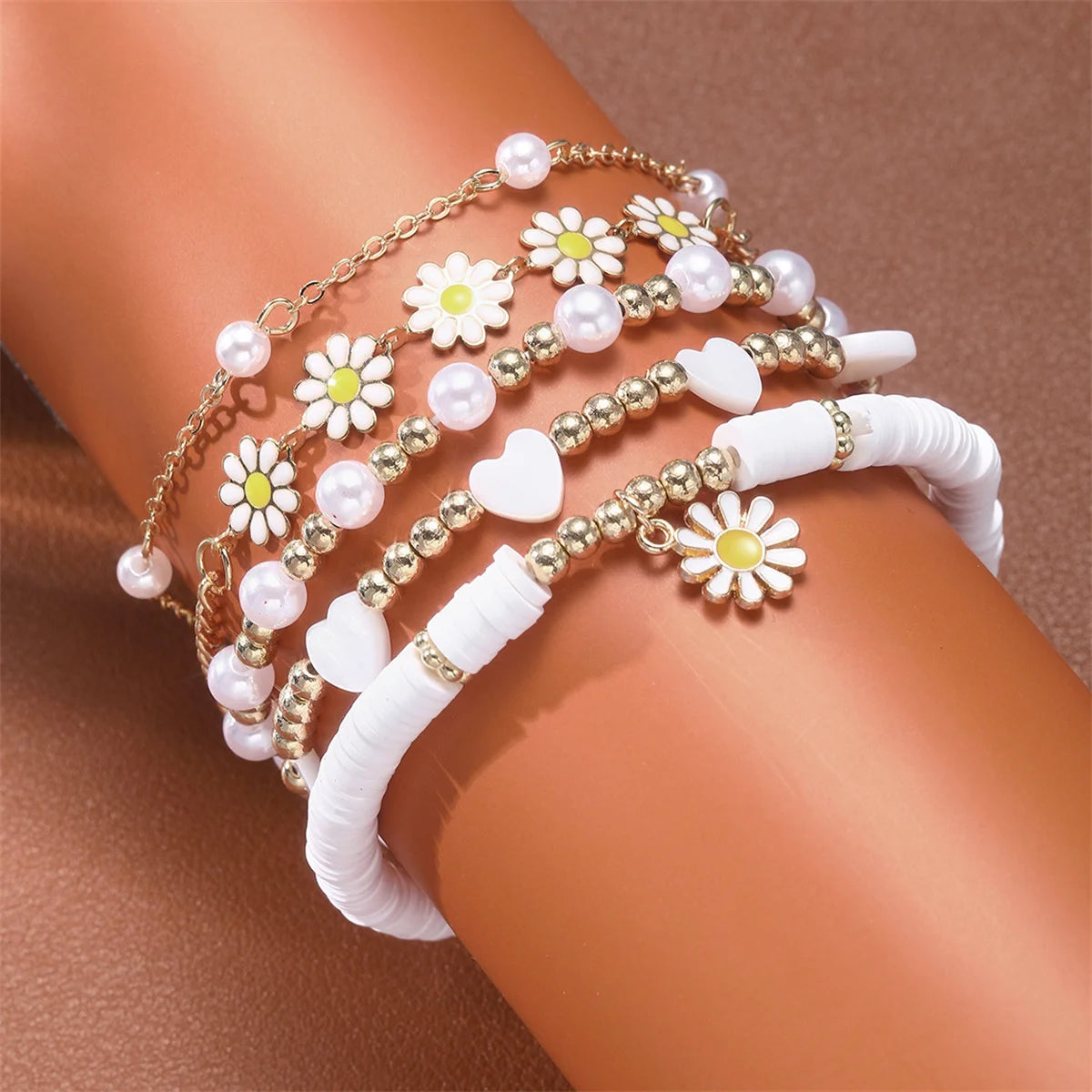 Multilayer Vintage Daisy Flower Imitation Pearl Beads Bracelet Set For Women Sweet Sunflower Heart Star Stackable Bangle Jewelry