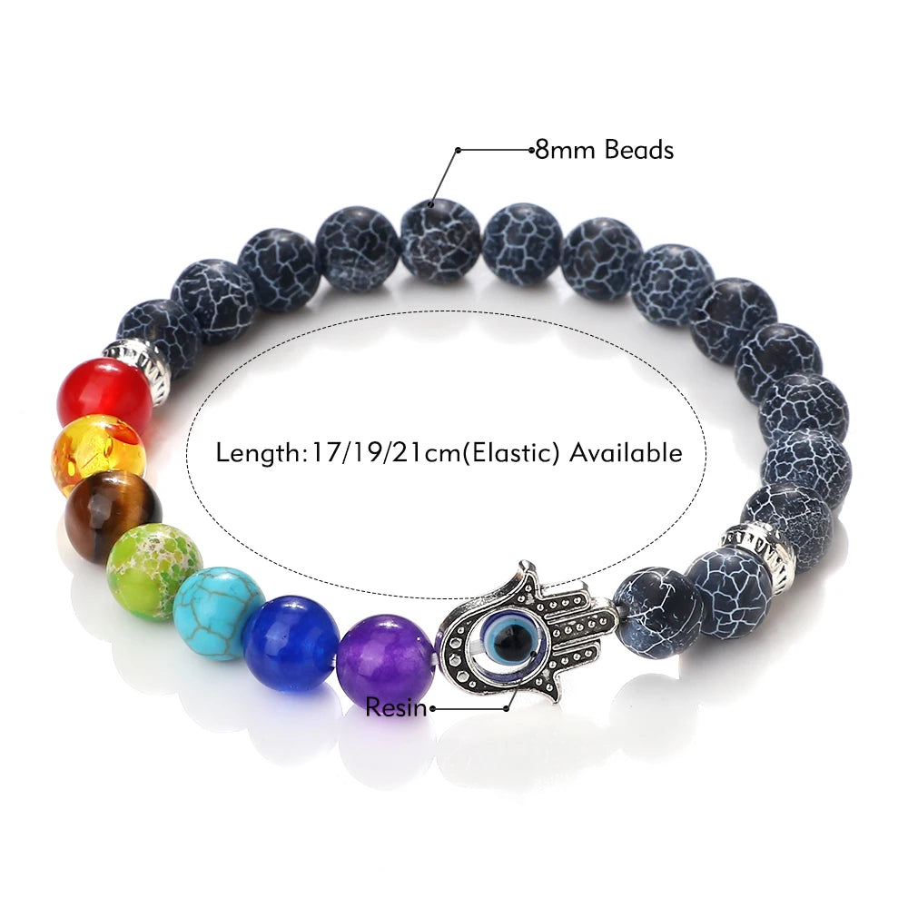Hemasa 2pcs 7 Chakra Beaded Bracelets Set Natural Tiger Eye Stone Black Lava Rock Lucky Evil Eye Bangles Couple Distance Yoga Jewelry