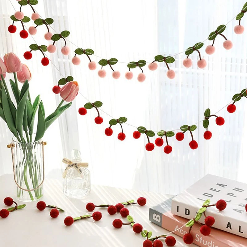 Hemasa Cherry Felt Ball Handmade Garland String Wall Hanging Ornaments Hair Ball Pendant Kids Room Shower Party