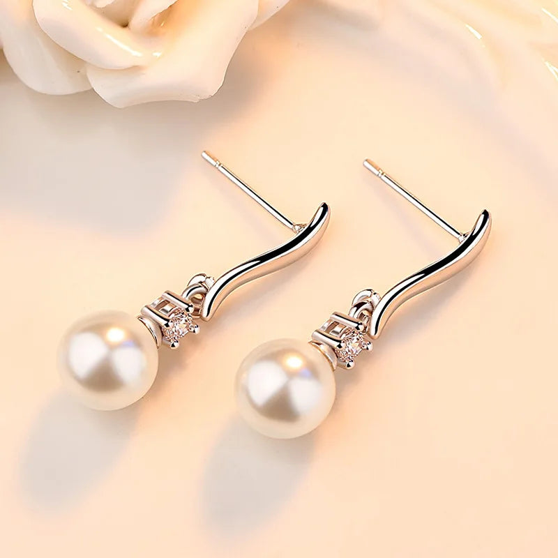 Solid 925 Sterling Silver Pearl Pendant Necklace Crystal Stud Earrings Jewelry Sets For Women New Trendy FQL23080