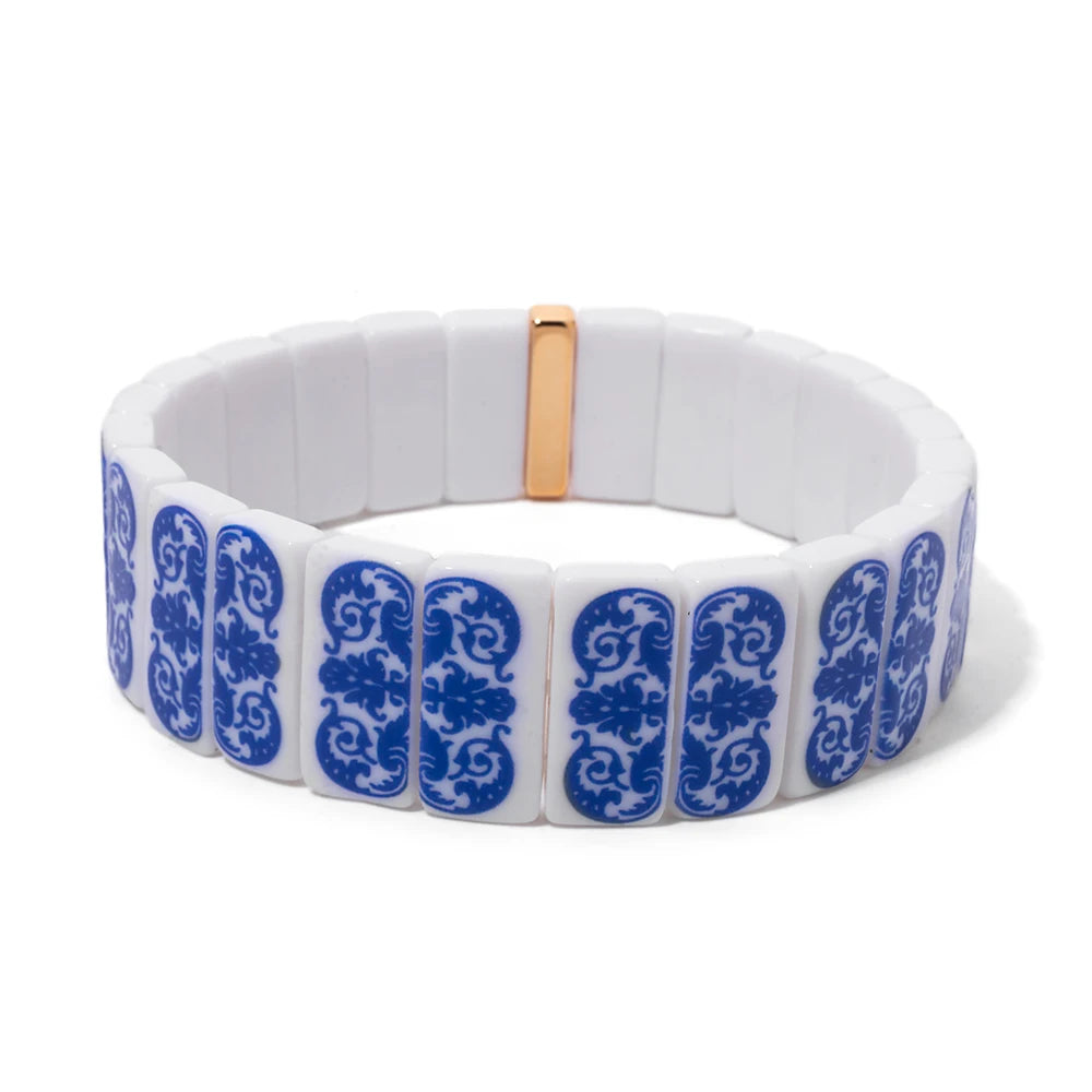 8x16mm Plastc Chinese Blue and White Porcelain Texture Beaded Bracelets For Women Handmade Spring Hand Accessory