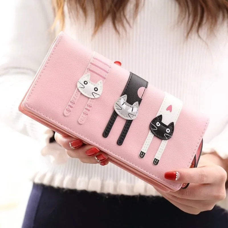 Women's Wallet Wear-resistant PU Leather Wallet Cute Cat Card Holder Mobile Phone Bag Long Clutch Coin Purse for Kids Girls