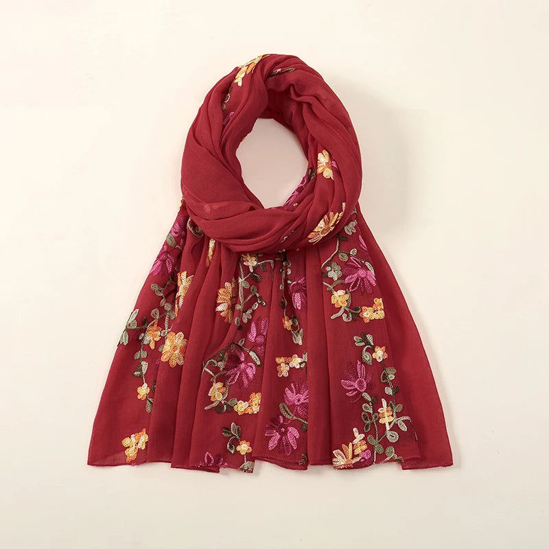 Plain Flower Embroidery Hijab Scarf Viscose Muslim Hijab Shawls Women Soft Long Towel Wraps Elegant Casual Heabscarf Turban