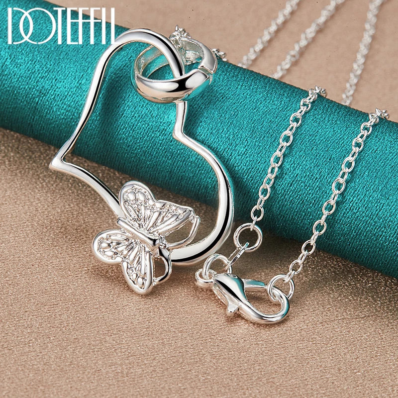 Hemasa 925 Sterling Silver Butterfly Heart Pendant Necklace 18 Inch Chain For Woman Fashion Wedding Engagement Charm Jewelry