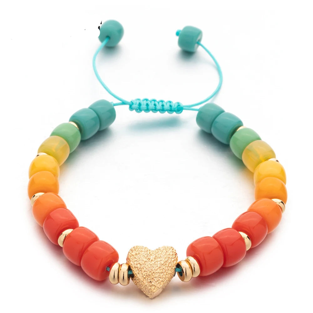 Tejesa Handmade  Colorful Glass Crystal Beads Braided Bracelets  with Heart Charms For Women